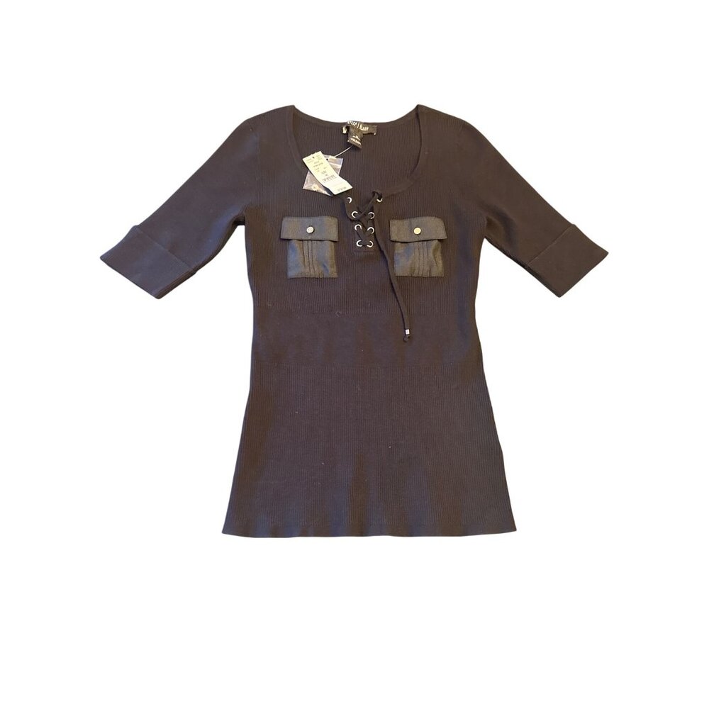 NWT Black Ribbed‎ Lace Up Utility Pocket Bodycon Sweater Top Moto